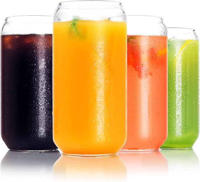 BEWAVE Drinking Glass Set of 4, 16oz Can Shaped Glasses Cups, Iced Coffee Glasses, Beer Tumbler, for Whiskey, Soda, Tea, Juice, Gift, with Lid, Straw