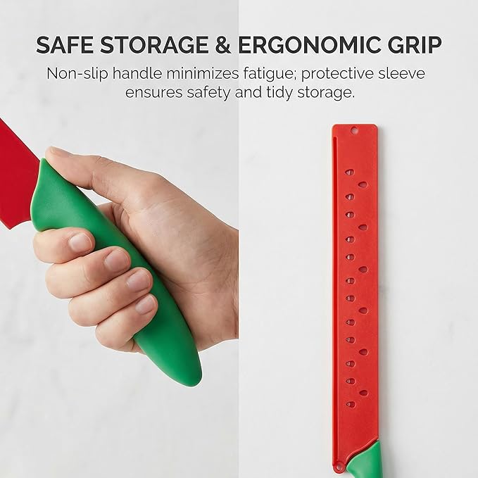 Watermelon Knife with Sleeve for Melon Cutting, Long Serrated Bread Lettuce Vegetable Knife, Kitchen Fruit Melon Tomato Cutter Slicer, with Cover for Home Summer Party Camping Outdoor (Red Green)