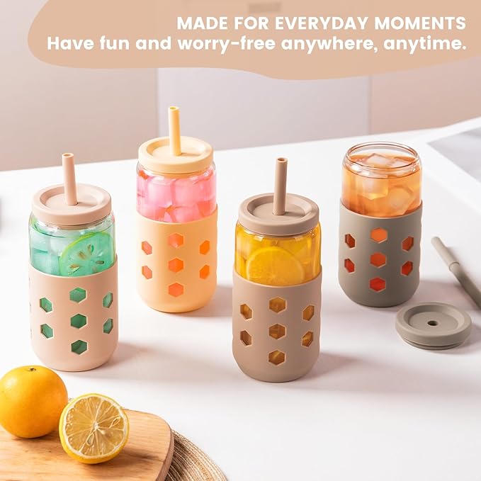 Mrsdry Glass Cups with Lids and Straws (4 Pack), 16oz Drinking Glasses Set with Silicone Sleeves for Coffee Bar Accessories Iced Coffee Cups with Lids, Glass Tumbler Reusable for Gifts