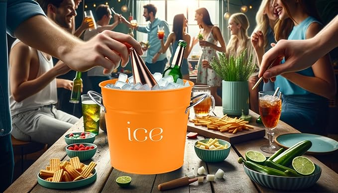 3Qt Orange Galvanized Ice Bucket with Lid, Scoop & Handles - Ideal for Cocktails, Parties, BBQs, Wine & Champagne. Double-Layer Insulated Outer & Galvanized Inner Layer, Perfect for Home & Outdoor Use