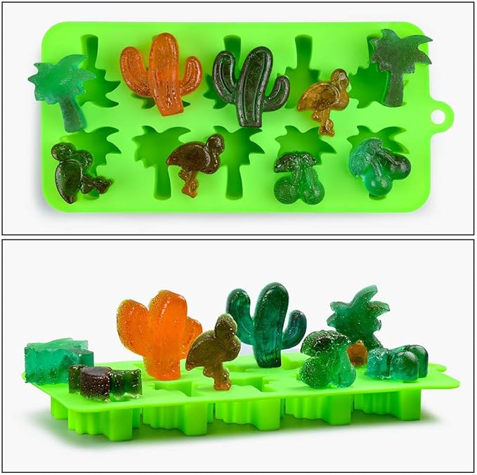 Fewo 5 Pack Hawaiian Tropical Themed Ice Cube Tray Summer Silicone Molds for Chocolate Candy Gummy Fruit Snack Fat Bomb Jello Mini Soap Crayon Melt (Cactus Pineapple Flamingo Coconut Tree Cherry)