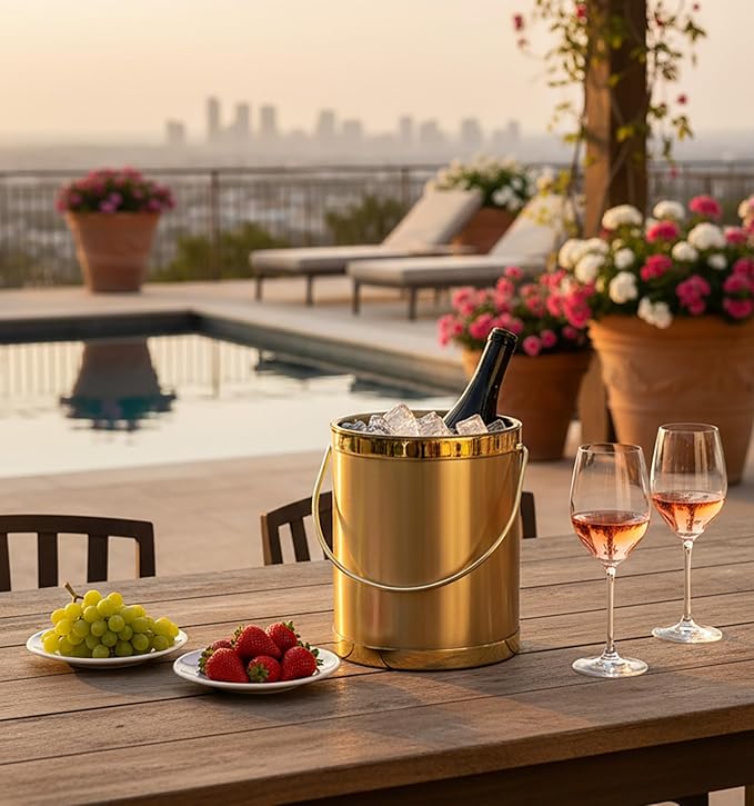 Made In USA Metallic Deco Collection Double Walled Insulated Ice Bucket With Ice Tongs (5-Quart, Gold)
