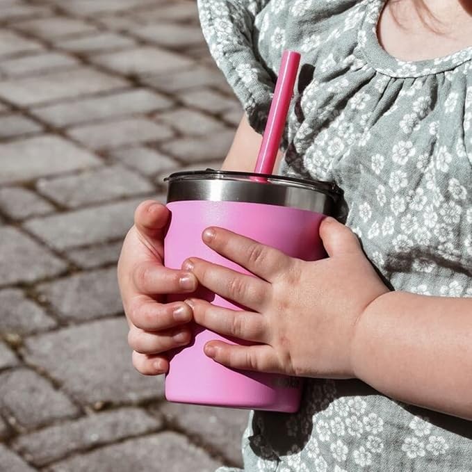 CUPKIN Cups with Lids and Straws, The Original 8 oz Stackable Stainless Steel First Sippy Cup, Set of 2 Powder Coated Insulated Kids Hot Drink Cup + BPA Free Lids + Silicone Straws (Green + Pink)