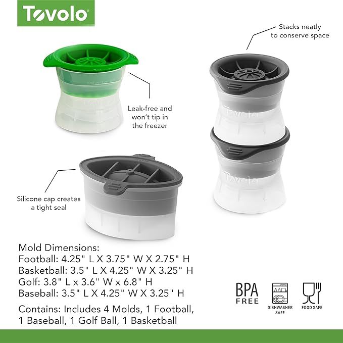 Tovolo Sports Ice Mold Bundle Set of 4 Golf Ball Football Baseball Basketball Shapes Large Craft Ice Cubes for Whiskey Cocktails with Silicone Lids, Easy Fill Craft Ice Mold for Sports Fans