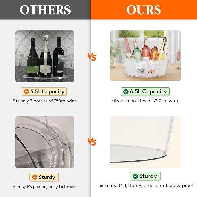 Lifewit 6.5L Ice Bucket for Parties 4 Pcs, Portable Drink Bucket for Cocktail Bar, Plastic Champagne Cooler for Beverage/Wine/Beer, Mimosa Bar Supplies Chiller Tub with Scoop 38 x18x20 cm/15x7x8"