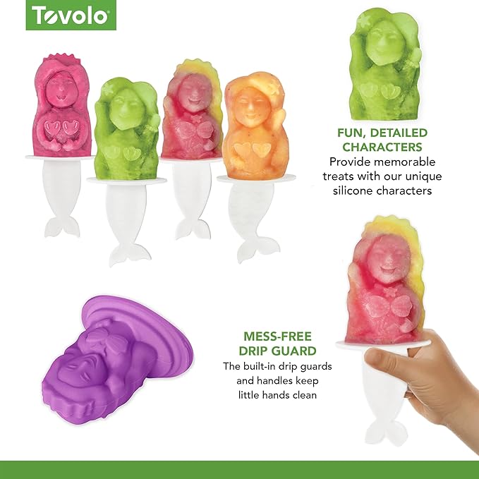 Tovolo Mermaid Popsicle Mold Silicone Ice Pop Mold with Sticks for Kids Set of 4, Homemade Frozen Treat Popsicle Molds BPA Free Dishwasher Safe Mermaid Snacks Popsicle Maker with Drip Guard