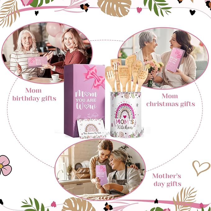 Reallnaive 9 Pieces Christmas Mom Utensil Holder Gifts Wooden Cooking Spoons Greeting Card Gift Box Boho Stainless Steel Utensil Holder for Mom Birthday Kitchen Gadgets Presents