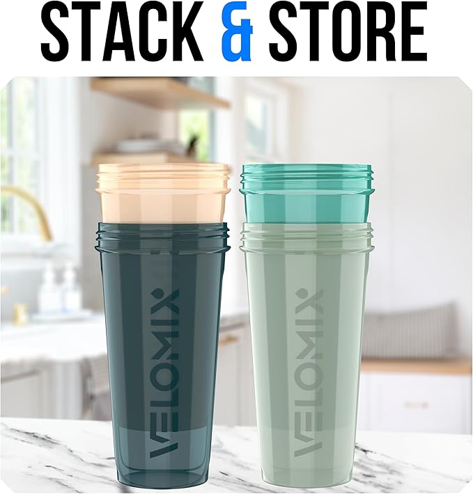 VELOMIX -4 PACK 28 Oz Protein Shaker Bottle for Protein Mixes -4x Wire Whisk | Leak Proof Shaker Cups for Protein Shakes | Large, Stackable Protein Shaker Bottle Pack | Dishwasher Safe (A4) Fresh Move