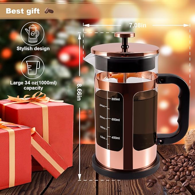 French Press Coffee Tea Maker, Upgrade Heat Cold Resistant Thickened Glass with 4 Level Stainless Steel Filtration System Brew Coffee & Tea, BPA Free, Large 1000ml 34oz, Rose Gold