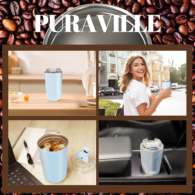 Puraville Insulated Tumblers with Lid, 10 oz Travel Coffee Mug Stainless Steel Vacuum Cup, Leak Proof Reusable Double Walled Coffee Tumbler for Iced and Hot Drinks, Light Blue