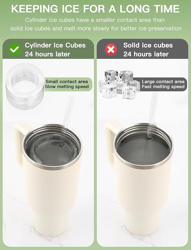 Ice Cube Tray for Tumbler Cup 30Oz-40Oz, 3 Pcs Silicone Cylinder Ice Mold with Lid and Bin for Freezer, Easy Fill and Release Ice Maker for Whiskey, Cocktail BPA-Free (Green, 30Oz-Type1)
