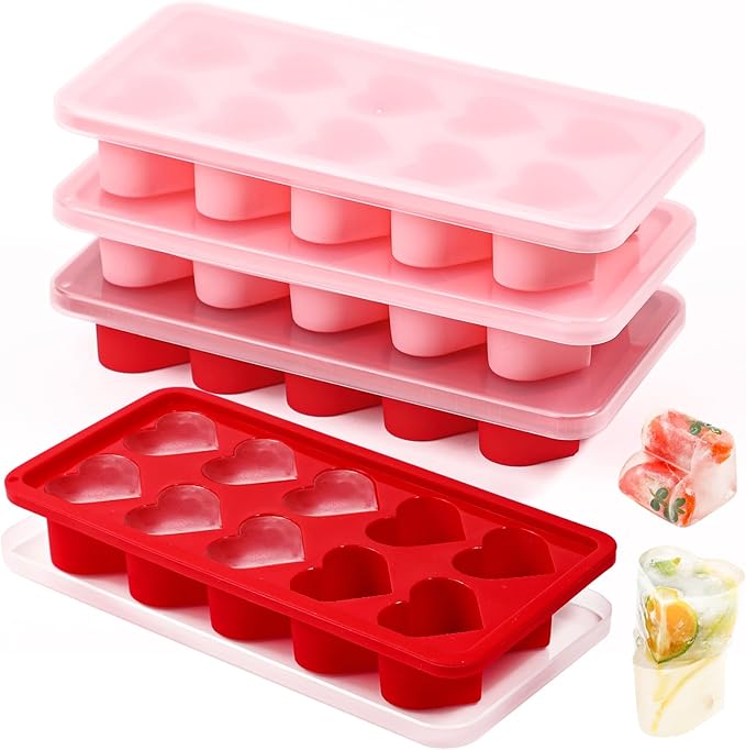 Webake 4-Pack Heart Ice Cube Trays with Lids, Silicone Valentine’s Heart-Shaped Molds for Chilling Whisky, Cocktails & Beverages, Also Ideal for Making Chocolate, Soap & Wax Melts