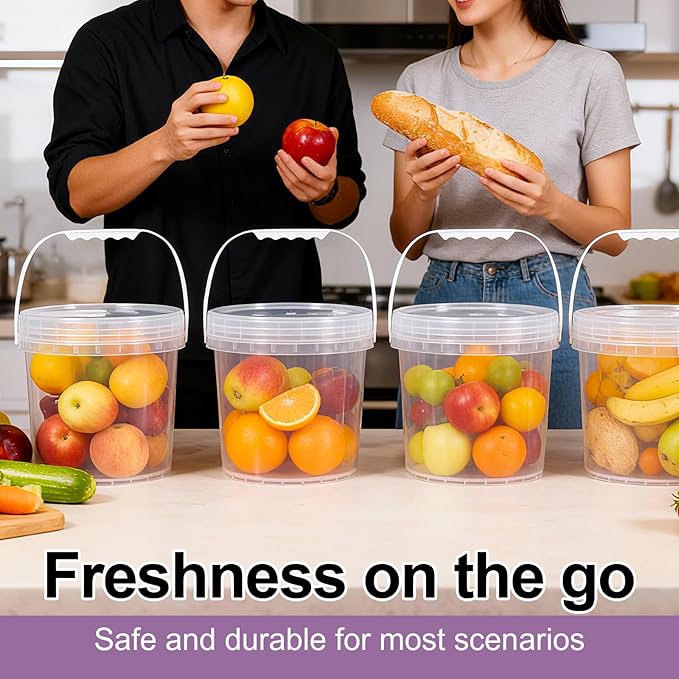 6 Pack 1 Gallon Food Grade Plastic Buckets with Screw Lids & Handle, Reusable Storage Containers for Snacks, Salad, Sauce - Clear Freezer Safe Bucket Set (Transparent)