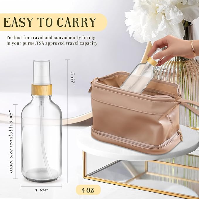 4-Pack 4 Oz Glass Spray Bottle with Bamboo Lid,Empty Refillable Fine Mist Atomizer,Leak-Proof Travel Liquid Holder Container for Cologne,Essential Oils,Room Sprays,Cleaning Solutions (Clear)