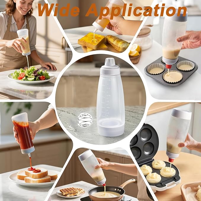 Pancake Batter Dispenser with Blender Balls,33.8 Oz Silicone Squeeze Pancake Mixer, Kitchen Pancake Batter Dispenser Bottle Baking Tool for Cupcakes, Crepes, Waffle, Muffins,Qatayef,Cupcakes