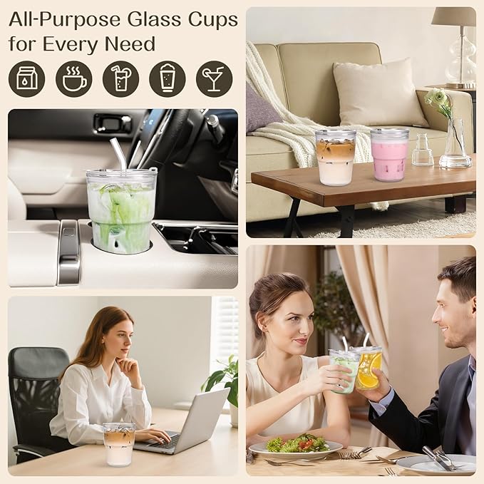 AUFXKOO13oz Glass Tumbler with Straw and Lid,2 Pack Iced Coffee Cups with lids Reusable,Glass to go Coffee Cup,Glass Cups with Lids for Drinking Matcha, Coffee, and Juice.