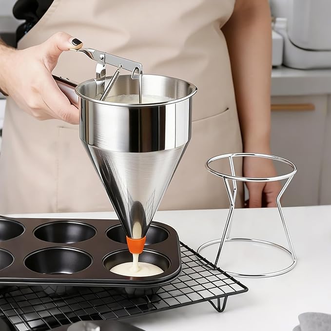 20 oz Pancake Batter Dispenser Stainless Steel Multi Caliber Nozzle with Squeeze Handle and Stand for Pancakes Cupcakes Funnel Cakes Waffles Baked Goods