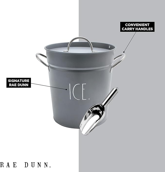 Rae Dunn Ice Bucket with Scoop - Stainless Steel Bucket with Handle, Lid and Ice Scooper - 4 Qt. Storage Bin for Ice Cubes for Bars, Parties, Backyard Barbeques, Picnics, and Camping (Grey)