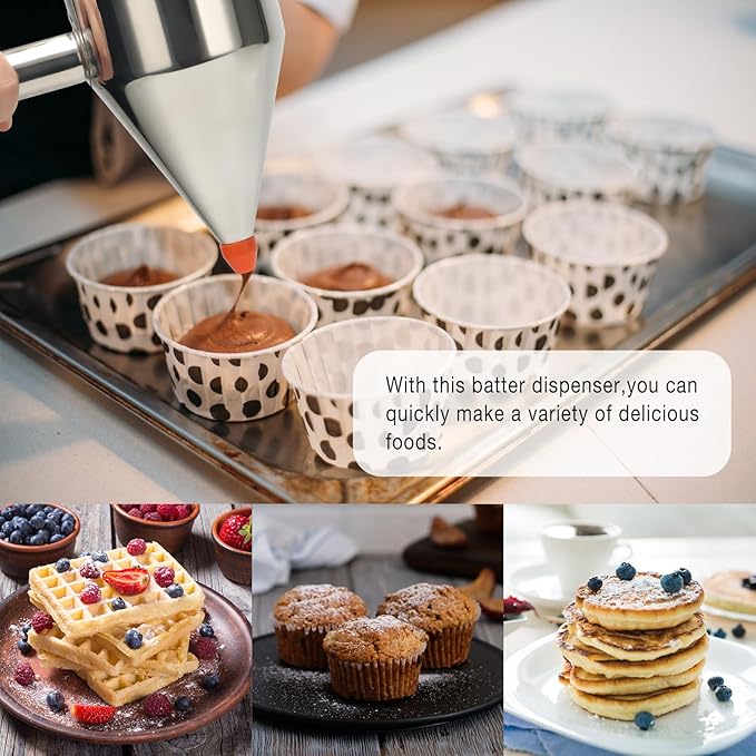 Pancake Batter Dispenser,40oz Stainless Steel Funnel Cake Dispenser with Stand Great for Pancakes Cupcakes Muffins Waffles