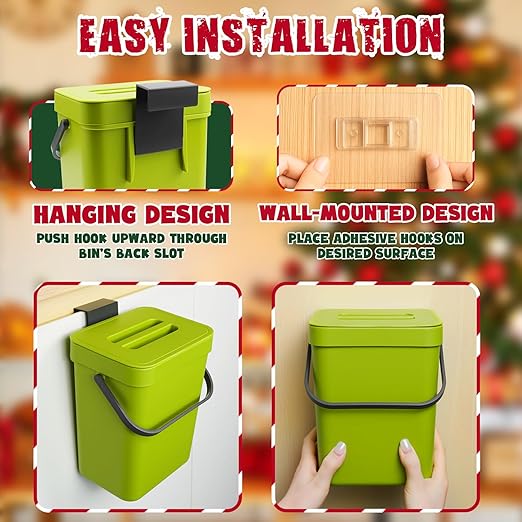 Kitchen Waste Bin with Hooks 5L, Indoor Kitchen Sealed Under Sink for Kitchen, Food Waste Bin for Countertop (Green)
