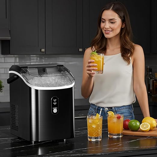 Antarctic Star Nugget Ice Maker Countertop, 35lbs/24H Ice Machine, Soft Chewable Sonic Ice, Self-Cleaning, Fast Ice Ready in 8 Minutes, Compact Design with Handle, Stainless Steel Black