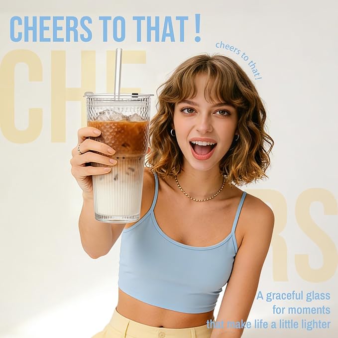 SoulTimes 20oz Glass Tumblers with Lids and Straws, Set of 1 - Stylish Ribbed Design Drinking Glasses for Iced Coffee Cups, Juice, Smoothies, Cold Beverages, Includes Cleaning Brush, Durable Glassware