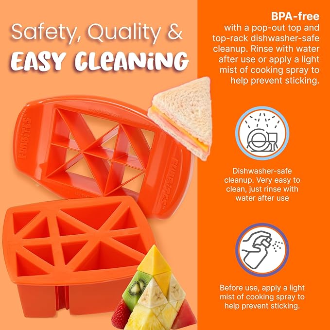FUNBITES Crustless Sandwich Cutter for Kids Lunch (2-piece set), Uncrustable Sandwich Cutter, Bite-Size Food Cutter for Toddlers, Bento Box Accessories, BPA-FREE Dishwasher Safe, Orange Triangles 1pk