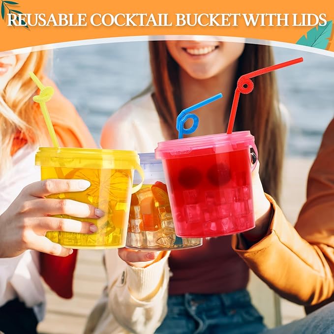 Funnymoom 48 Pack 25 oz Plastic Rum Buckets Bulks for Drinks with Straws Reusable Ice Cream Cocktail Cups Neon Party Bucket with Lids Handles Food Containers Cup for Summer Beach Bar Beer