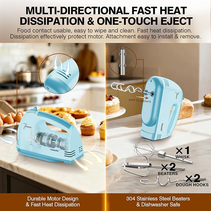 Electric Handheld Mixer, 7-Speed Adjustable Kitchen Mixer, 5 Stainless Steel Accessories (2 * Dough Hooks, 2 * Beaters, 1 * Whisk), Perfect for Kitchen and Baking Food Mixers, Blue