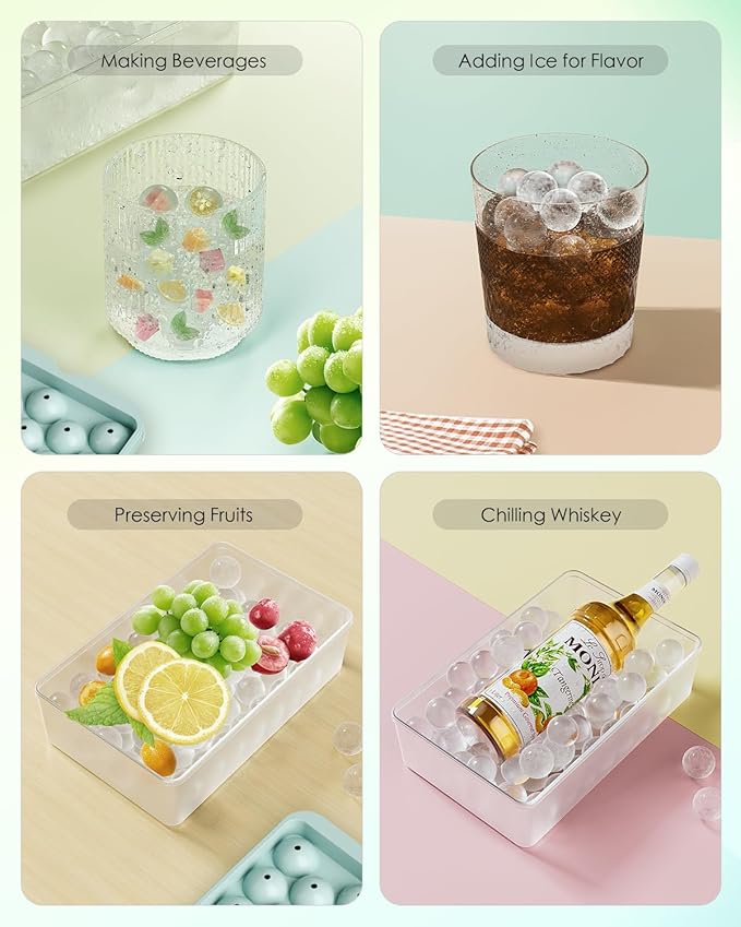 Round Ice Cube Trays for Freezer with Lid and Bin - 3 Stackable Trays Small Circle Ice Maker Molds, 99pcs Round Ice Balls for Chilling Whiskey, Cocktails, Coffee - Easy-Release Sphere Ice Tray