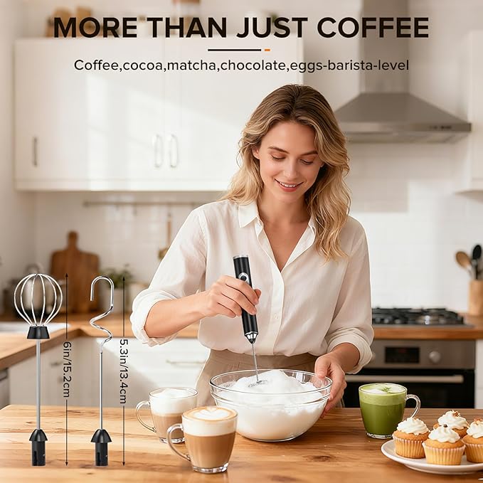 Milk Frother Handheld, 3-Speed Frother Wand Rechargeable, with 3 Detachable Whisks, Coffee Frother for Coffee,Latte, Cappuccino, Matcha, Hot Chocolate & Eggs, Electric Whisk Drink Mixer (Black)
