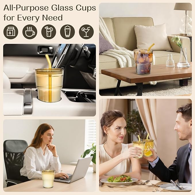 13oz Reusable Iced Coffee Tumbler with Lids,Clear Tumbler Water Glass,2 Pack Glass Cups with Straw and Lid,Glass to go Coffee Cup for Drinking Matcha, Water, and Juice(Amber