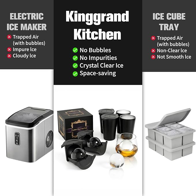 Clear Ice Cube Maker 2.5 Inch, Sphere Ice Ball Molds for Whiskey, Stainless Steel Clear Ice Mold with Non-BPA Silicone, Easy-Release Round Ice Cube Tray for Cocktails Bourbon, (4 Pack, Black)