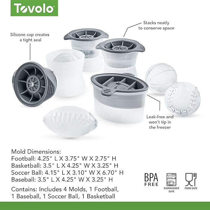 Tovolo Sports Ice Mold Bundle Set of 4 Football Baseball Basketball Soccer Ball Large Craft Ice Cubes for Whiskey Cocktails with Silicone Lids, Easy Fill Craft Ice Mold for Sports Fans