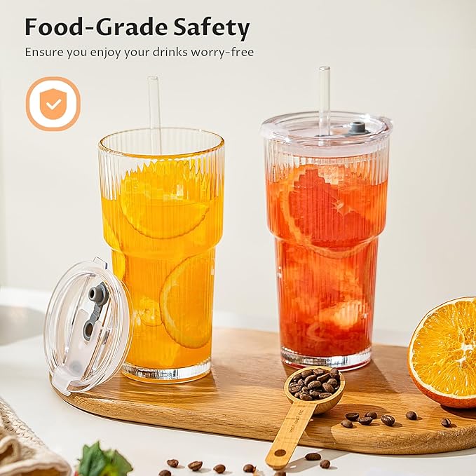 20oz Glass Tumblers with Straws and Lids 2 Pack, Ribbed Glass Cups, Leak Resistant Iced Coffee Cups, Thick Reusable Drinking Glasses, Fits Car Cup Holder, Clear Travel Coffee Cups