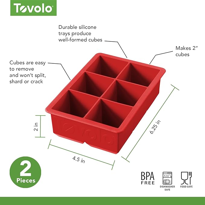 Tovolo, Large King Craft Ice Mold Freezer Tray of 2" Cubes, BPA-Free Silicone, Single, Candy Apple