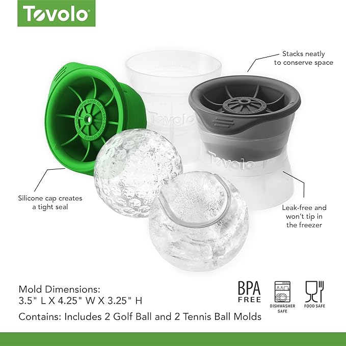Tovolo Sports Ice Mold Bundle Set of 4 Golf Ball and Tennis Ball Shapes Large Craft Ice Cubes for Whiskey Cocktails with Silicone Lids, Easy Fill Craft Ice Mold for Sports Fans