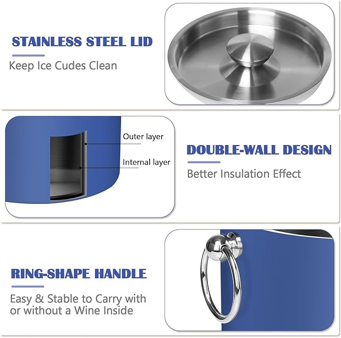 Ice Bucket with Lid & Tong- Well Made Insulated Stainless Steel Keep Ice Frozen Longer - Ideal for Cocktail Bar, Parties, Chilling Wine, Champagne - 3 Liter (Blue)