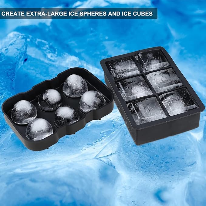 Ice Cube trays(set of 2), Silicone Sphere Ice Ball Maker with Lid and Large Square Ice Cube Molds for Whiskey Ice and Cocktails, Food Grade Silicone, Reusable and BPA-Free