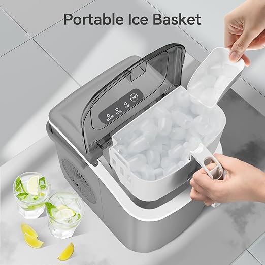 Crzoe Countertop Ice Maker Machine with Handle,26Lbs/24H,9 Cubes Ready in 6 Mins,Self-Cleaning Function with Ice Scoop and Basket for Home/Office(Grey)