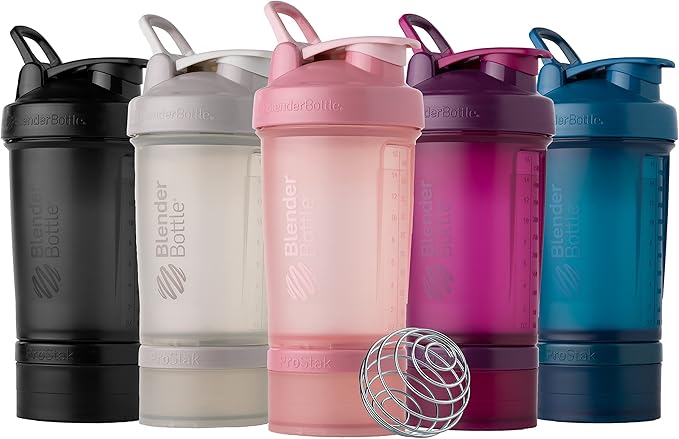 BlenderBottle Shaker Bottle with Pill Organizer and Storage for Protein Powder, Classic V2 ProStak System, 22-Ounce, Plum