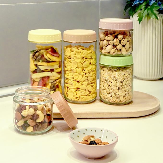 SHOWIN Overnight Oats Containers with Lids, 24oz Glass Jars with Lids 4 pcs, Wide Mouth Mason jars for Salad, Yogurt, Snacks, Meal Prep