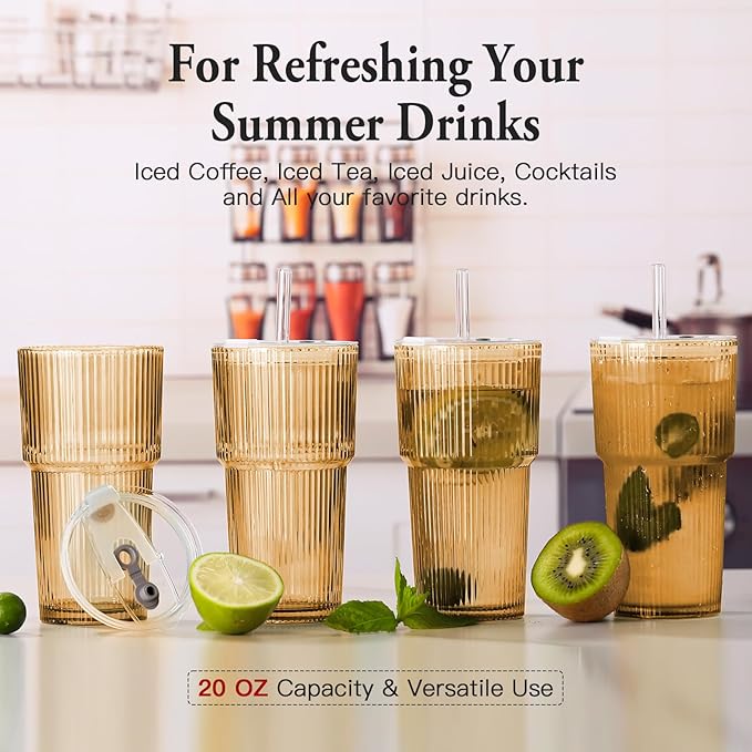 4PCS Amber Ribbed Glass Cups with Lids and Straws, 20oz Vintage Drinking Glasses, Aesthetic Iced Coffee Cups, Glass Tumbler for Boba, Beer, Tea, Cocktails, Ribbed Glassware Set,Amber Brown Glass Cup