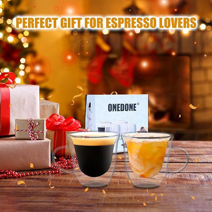 ONEDONE Small Espresso Cups Set of 4 - Double Walled Glass Espresso Shots Cup 2.8 OZ Thermo Insulated Glass Cups with Handle Clear Demitasse Cup for Expresso Machine