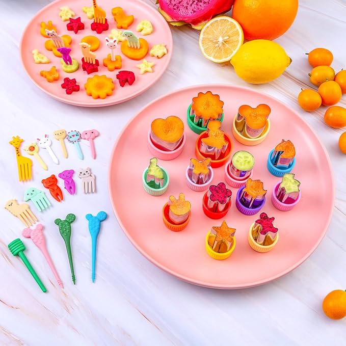 Sandwich Cutter for Kids 48 Pcs, Kimfead Cookie Cutters, Fruit Vegetable Cutter Shapes, Food Picks for Bento Box, Mouse Dinosaur Star Square Heart Shape