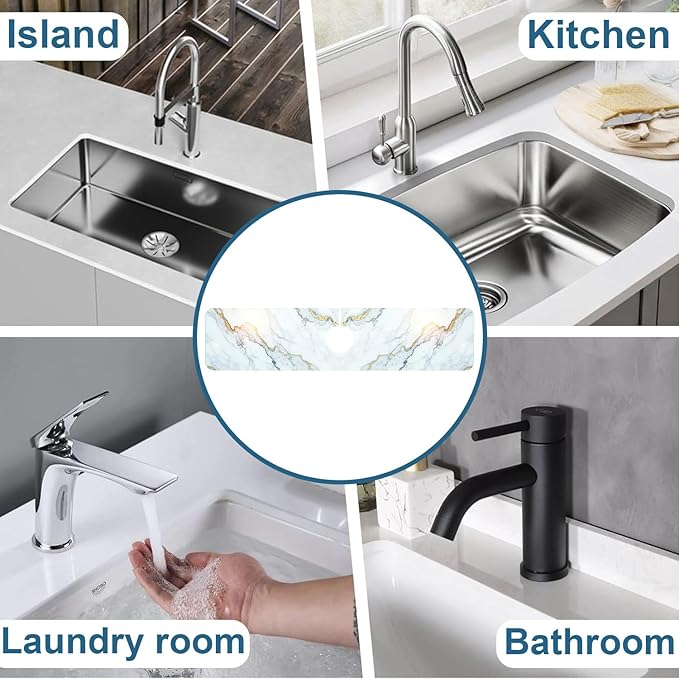 Marble Pattern Sink Splash Guard Gray Gold Marble Faucet Absorbing Mat Fast Drying Mat Sink Gadgets Splash Guard Behind Faucet Drip Catcher for Kitchen Bathroom, 23.5"x5.5"