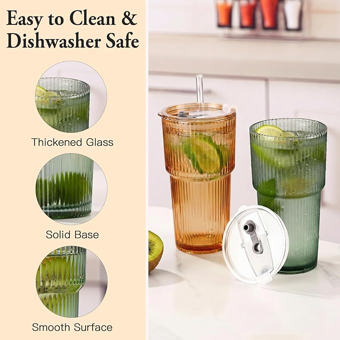 6PCS Ribbed Glass Cups with Lids and Straws, 20oz Vintage Drinking Glasses, Aesthetic Iced Coffee Cups, Glass Tumbler for Boba, Beer, Tea, Cocktails, Ribbed Glassware Set (Colored-6)