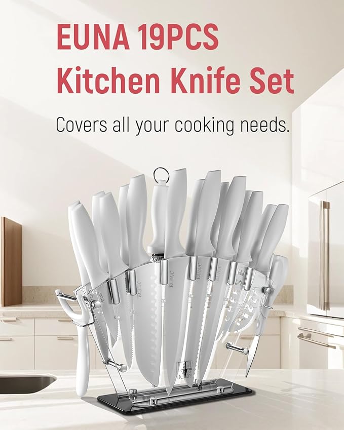 EUNA Knife Block Set, 19 PCS White Kitchen Knife Set with Acrylic Block and Sharpener, German High-Carbon Stainless Steel Knife Sets with 6 Serrated Steak Knives, Chef Knife, Dishwasher Safe