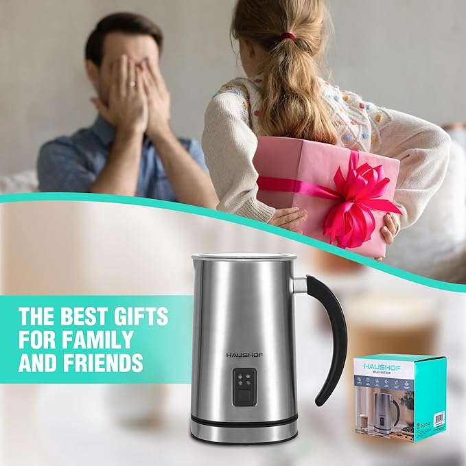 HAUSHOF Milk Frother, 4-in-1 Electric Milk Frother and Steamer, Large Capacity, Hot Chocolate Maker, Automatic Warm and Cold Foam Maker for Coffee, Latte, Macchiato, Cappuccino