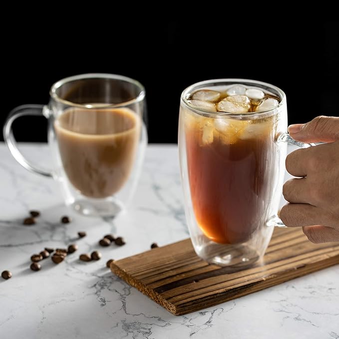 MEWAY 16oz/6 pack Coffee Mugs, Thickened Clear Glass Double Wall Cup with handle for Coffee, Tea, Latte, Cappuccino (16 oz,6)